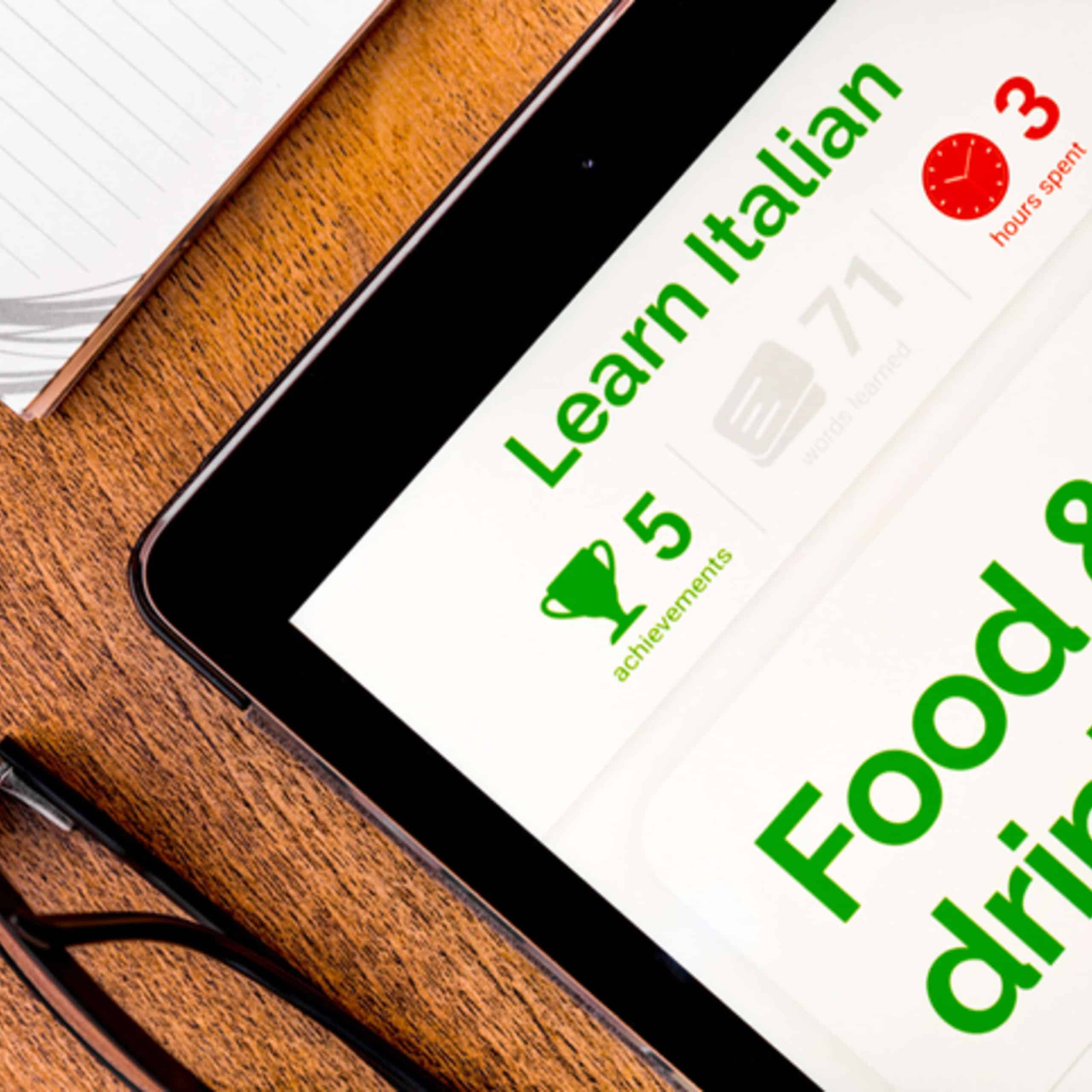 An ipad screen with the words learn italian food and drink.