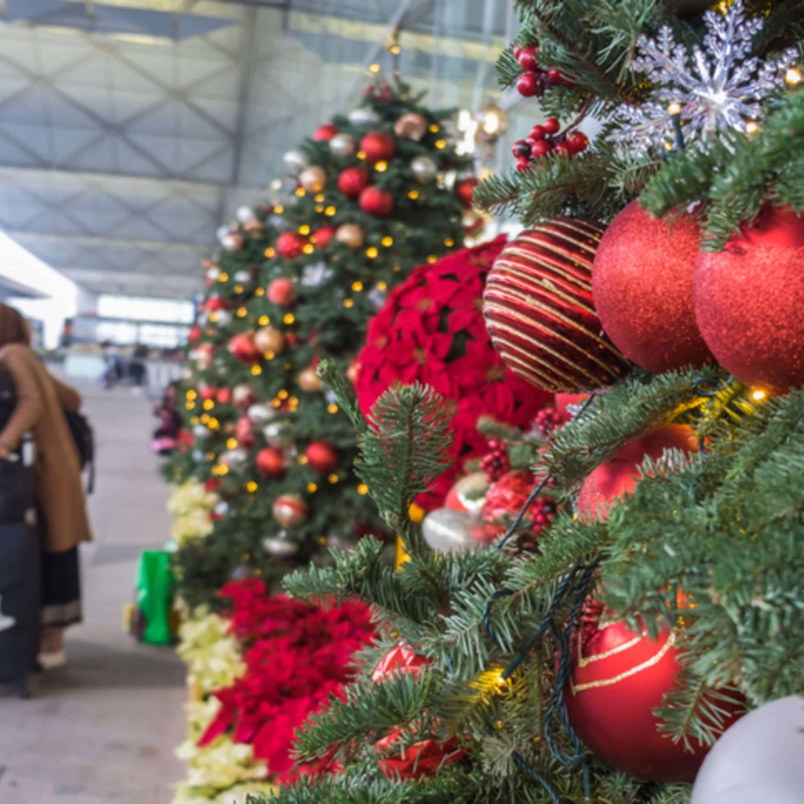 A group of people standing in front of christmas trees at an airport.