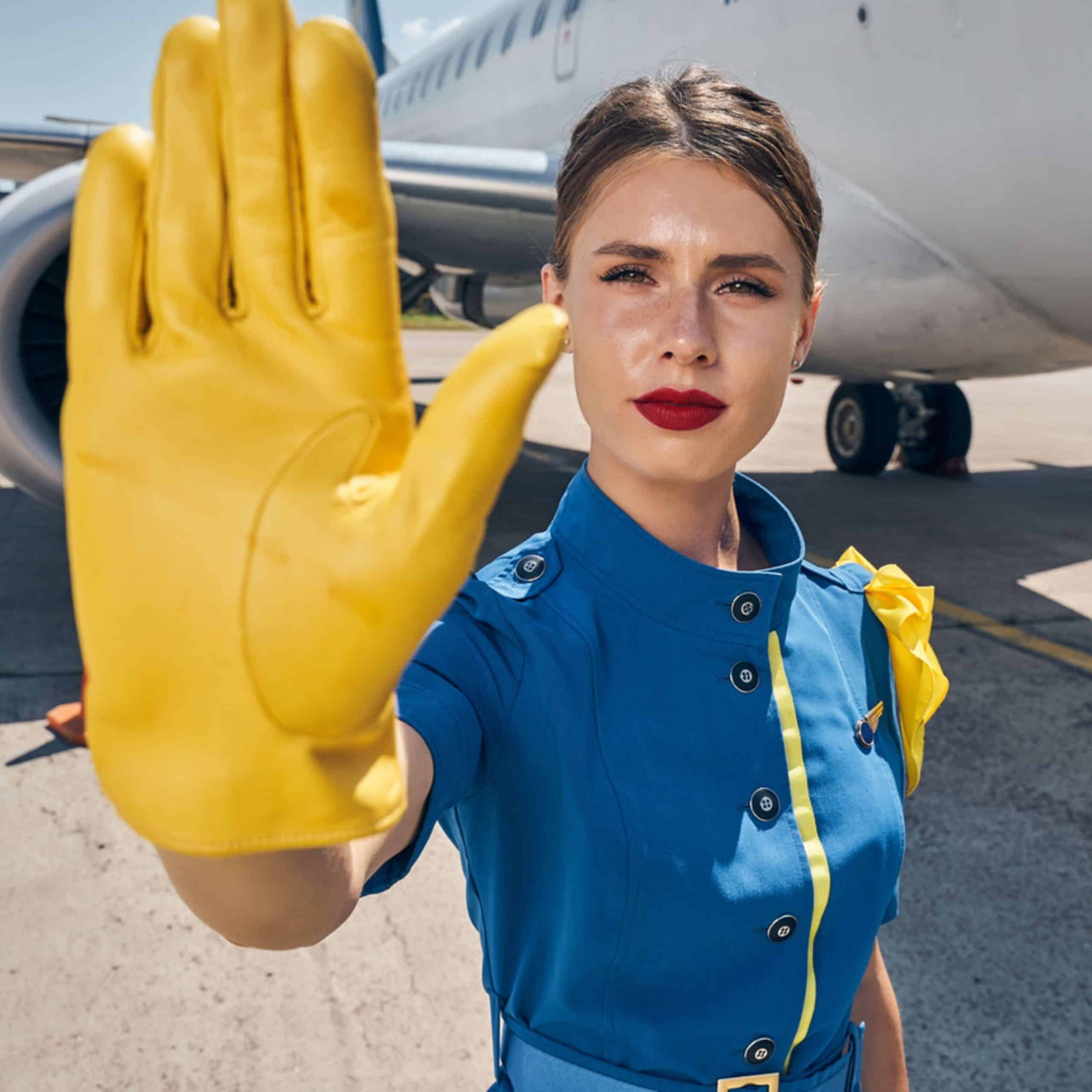 A woman wearing a yellow glove in front of an airplane.