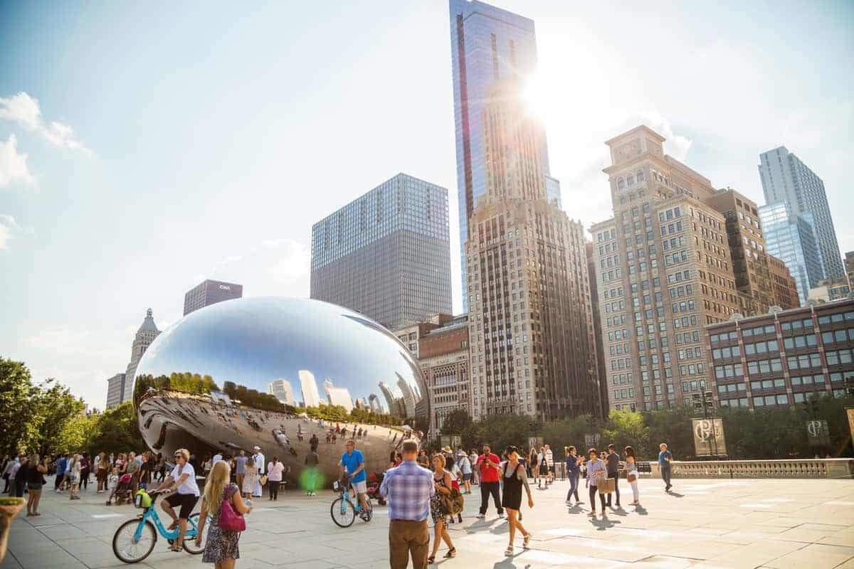 Chicago Bean in front of skyscrapers