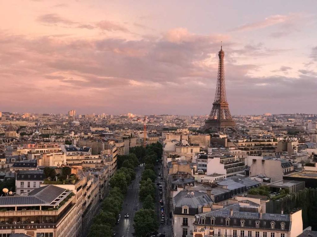 The eiffel tower in paris at sunset.