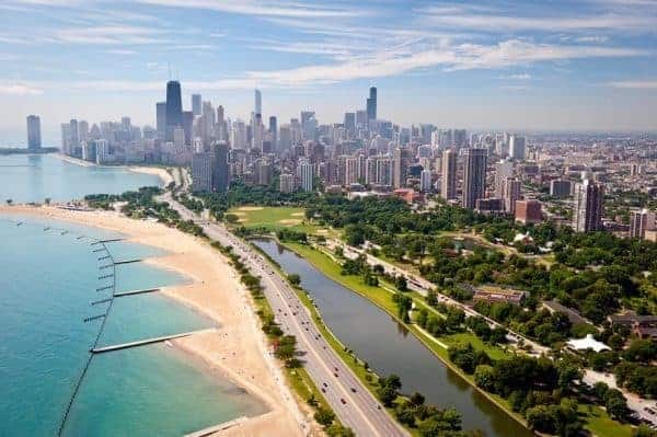 Aerial view of North Avenue Beach in Chicago.