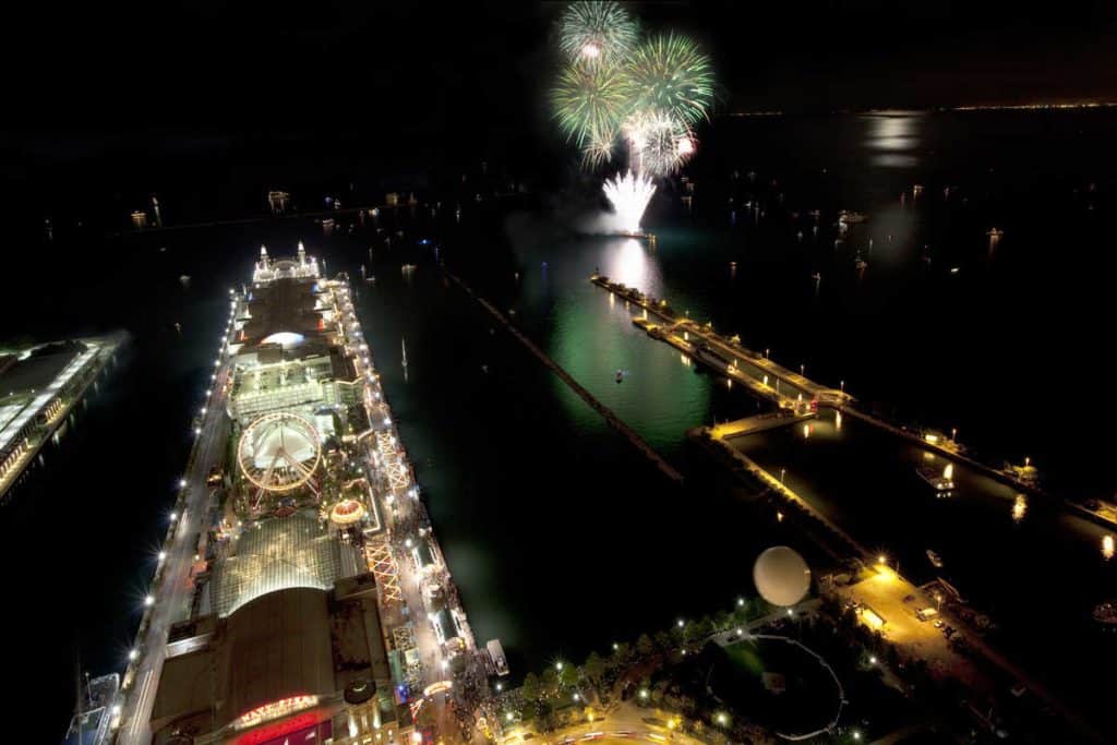 Aerial view of fireworks at Navy Pier Chicago