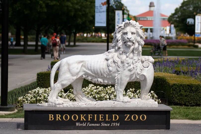 Brookfield Zoo Chicago lion statue. Reads "Brookfield Zoo - World Famous Since 1934"