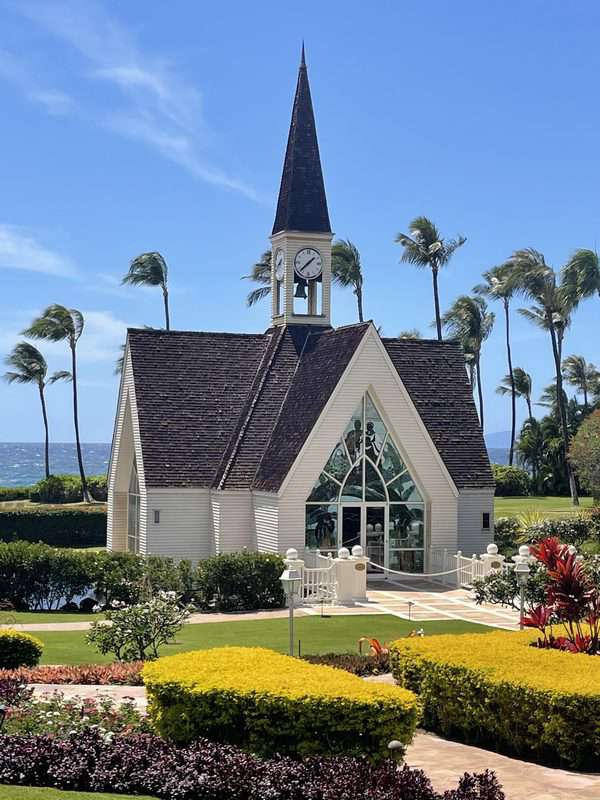 A church in front of a tropical garden with palm trees.