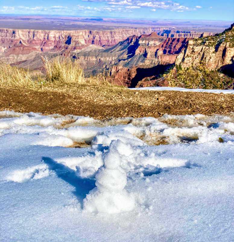 tiny snowman in front of North Rim of Grand Canyon