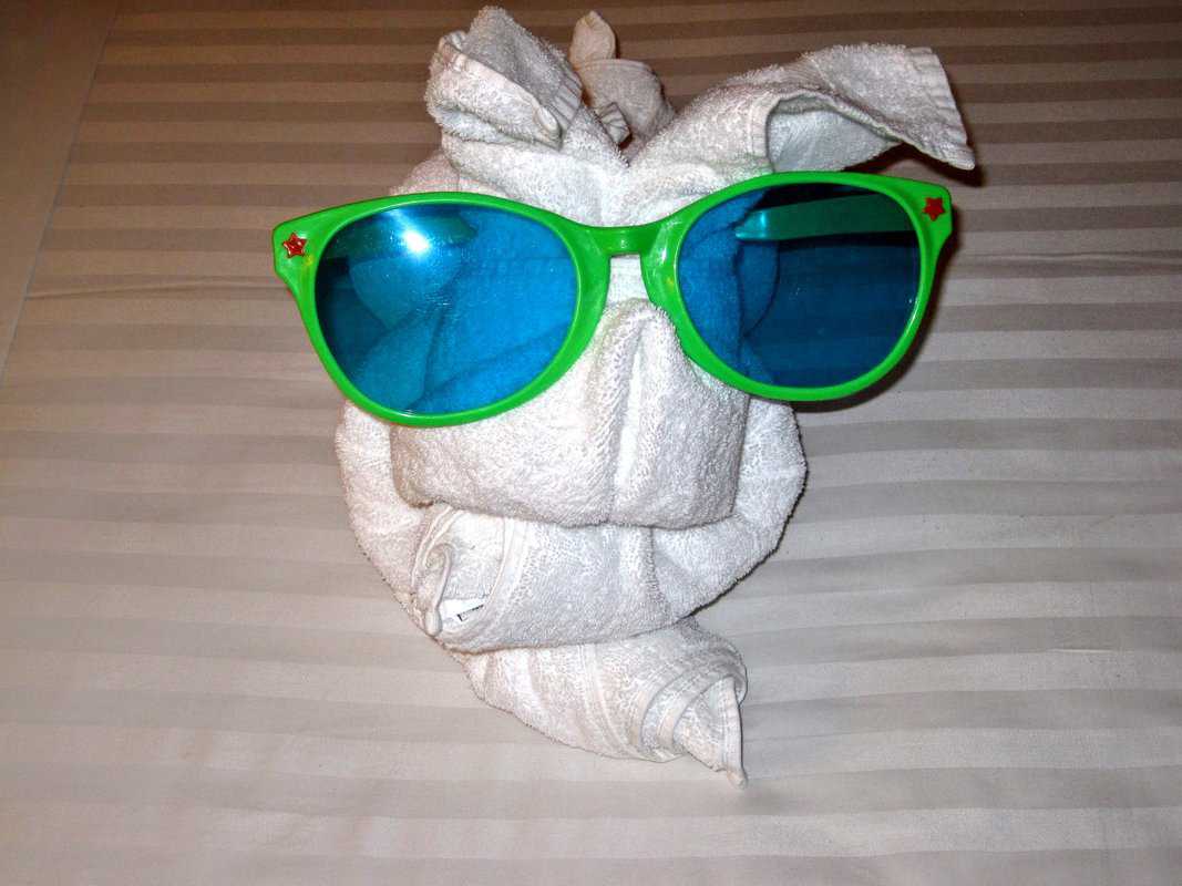 folded towel with green sunglasses on cruise ship bed