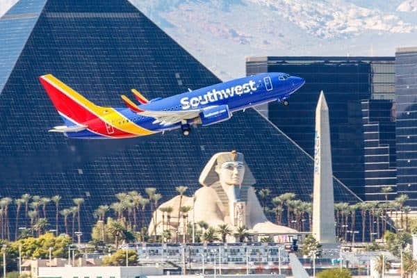 A Southwest jetliner flies over the Sphinx during the Las Vegas sale.