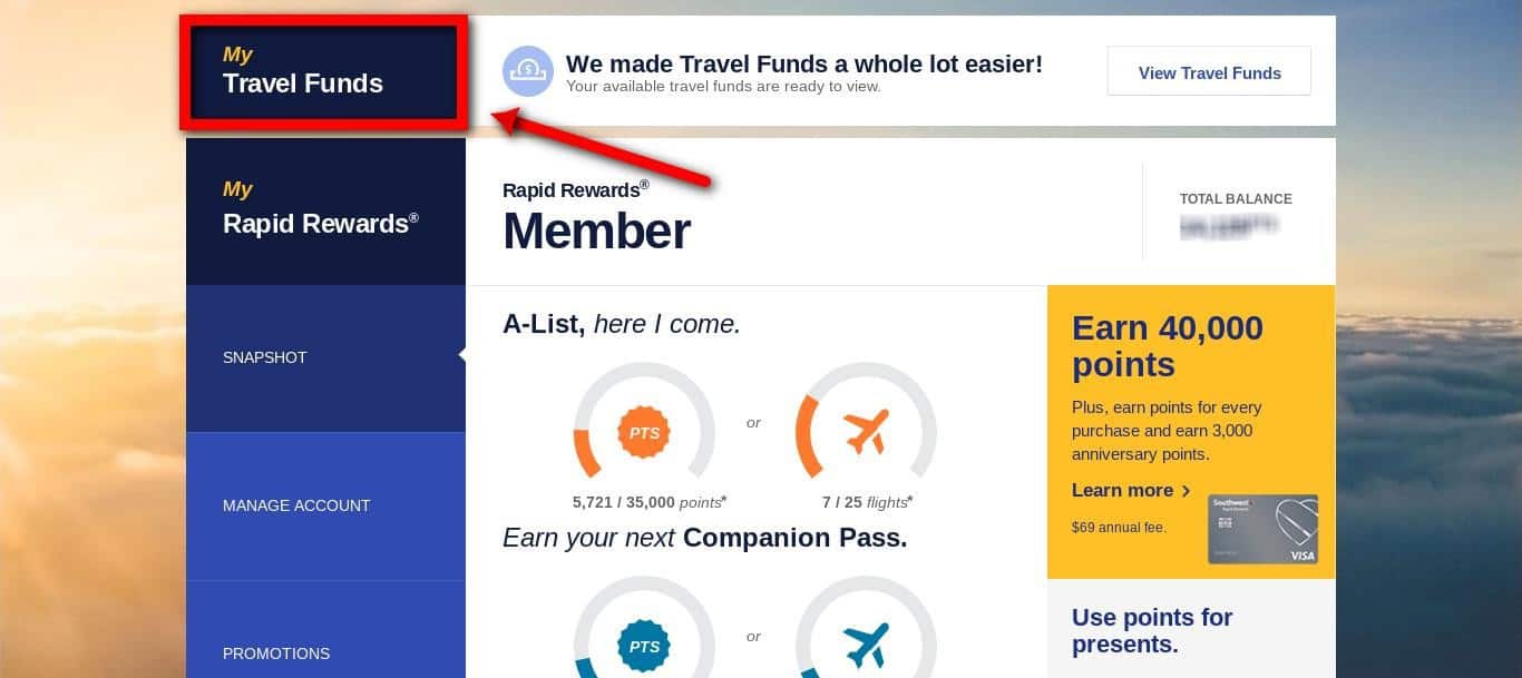 A screenshot of a travel rewards page featuring Southwest travel funds.