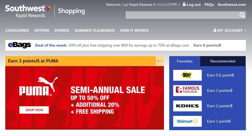 Southwest Rapid Rewards Shopping Portal