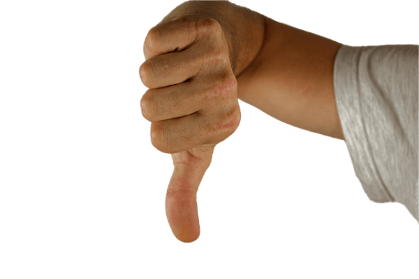 A man displaying a thumbs down sign on a green background indicating a declined credit card application.