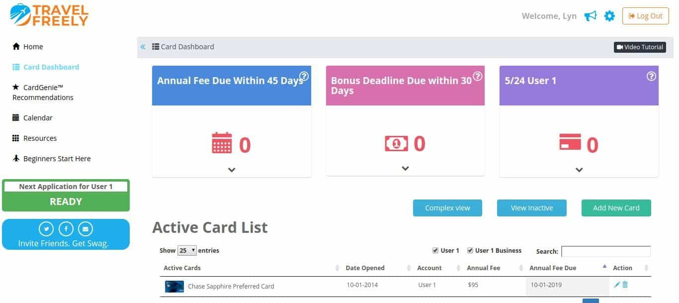 Travel Freely card dashboard