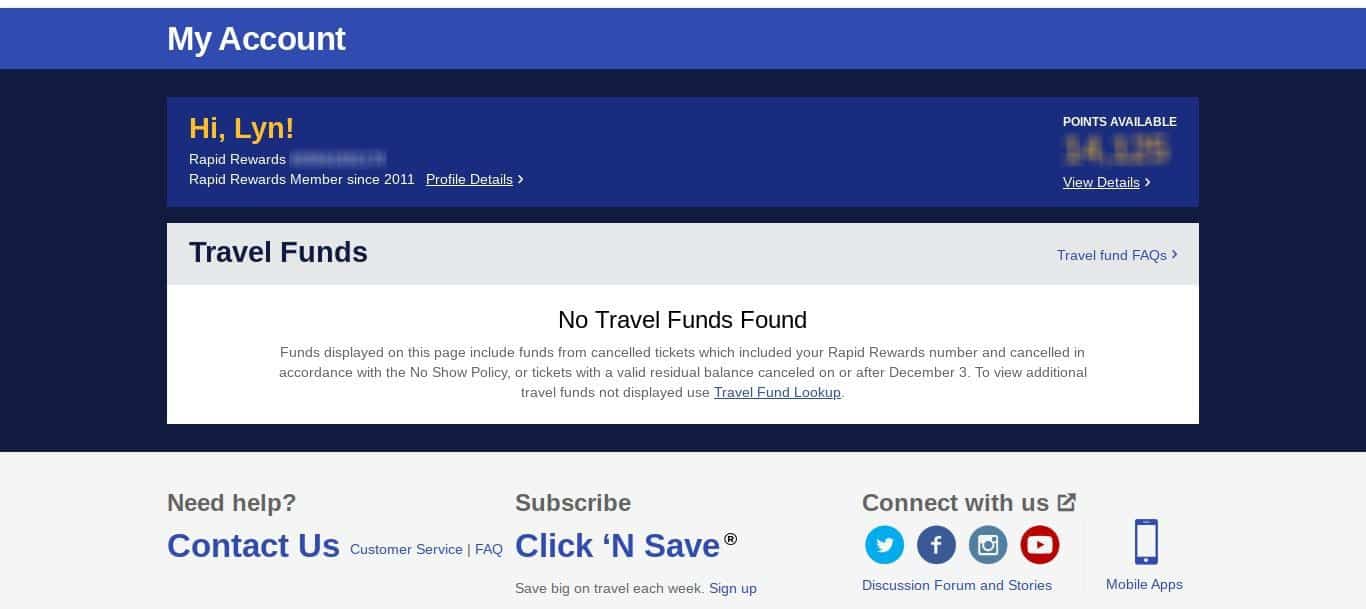 Unused Travel Funds screen