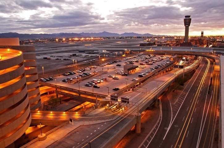 Las vegas international airport at dusk.