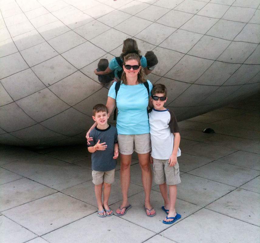 Lyn and her sons in front of The Bean in Millennium Park, Chicago