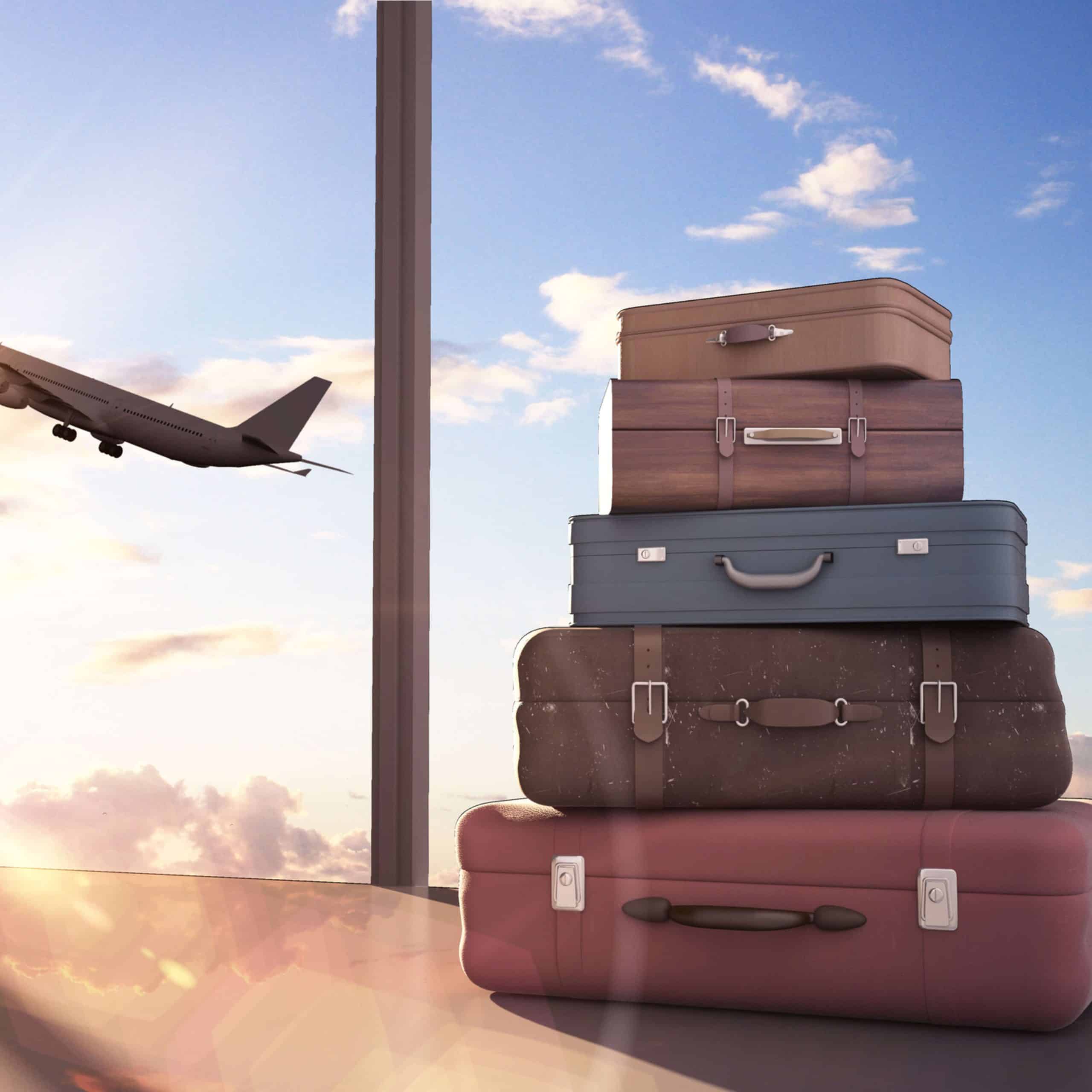 A stack of suitcases with a plane in the sky.