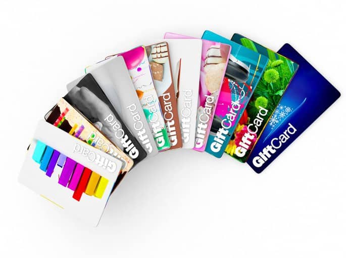 A group of gift cards on a white background.