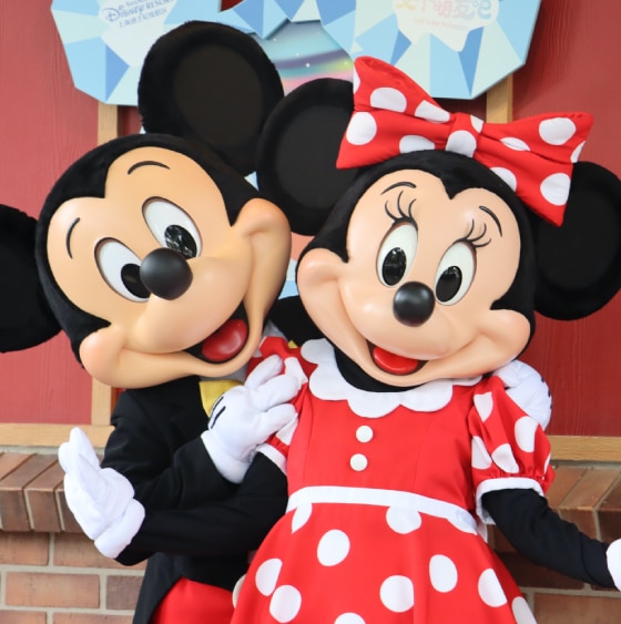 Mickey mouse and minnie mouse posing for a photo.