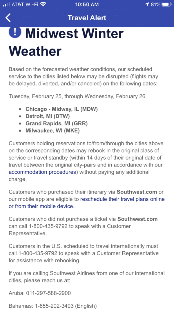 Southwest app travel alerts